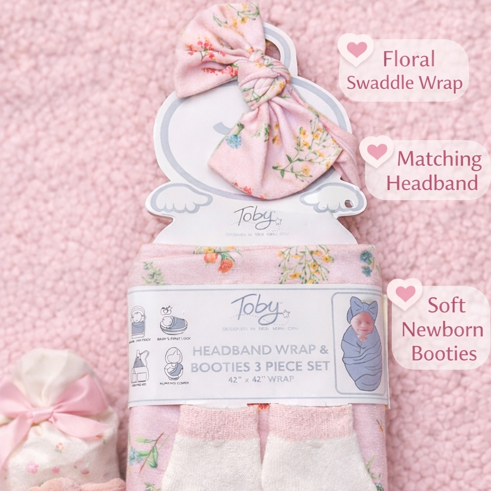 Toby Newborn Swaddle Set | Headband + Booties | Floral Pink | NWT